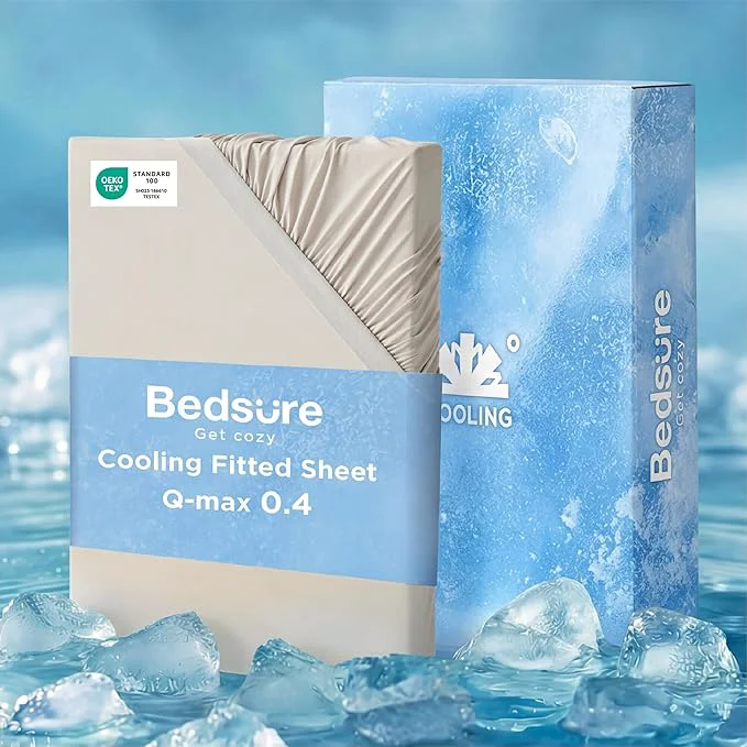 Fashionable Bedsure Cooling Fitted Sheet Queen Size for Hot Sleeper Queen Fitted Sheet Only with 360° Elastic Band Q-Max 0.4 Temperature Regulation Bedding for Night Sweats 16 quot Deep up to 18 quot Beige Official