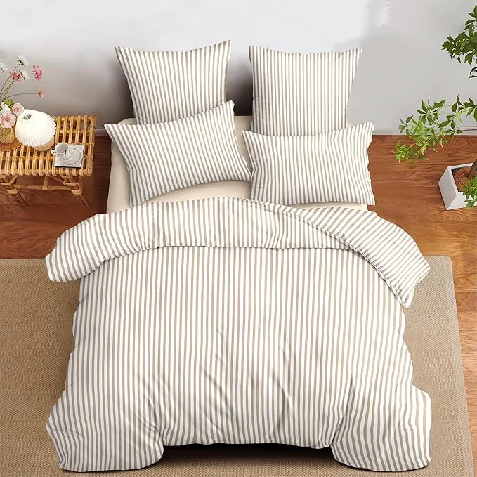 Recyclable Nayoroom Tan Striped Duvet Cover Queen Size Light Brown Stripe Duvet Cover Dorm Bedding Set 3 Pieces Soft Lightweight Washed Microfiber Farmhouse Bedding Set Gifts for Women Men Specialty