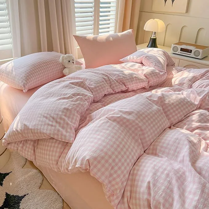 Unique Nayoroom Gingham Duvet Cover Full Size Pink White Plaid Checkered Comforter Cover Grid Farmhouse Bedding Set 3 Pcs Soft Breathable Washed Microfiber Gifts for Women Men Refined