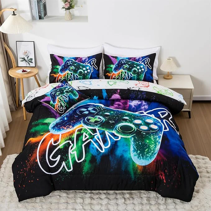 Sustainable Aimuan Gamer Gaming Bedding Sets 3D Gamepad Comforter Sets for Boys Games Console Action Buttons Novelty Colorful Game Controller Modern Room Decor Home Quilt Set Black-Green Full 6Pcs Contemporary