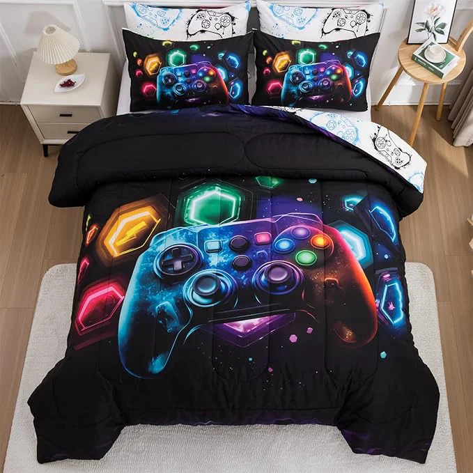 High-Grade Aimuan Gamer Gaming Bedding Sets 3D Gamepad Comforter Sets for Boys Games Console Action Buttons Novelty Colorful Game Controller Modern Room Decor Home Quilt Set Black-Multi Queen 3PCS