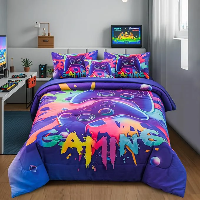 Superior Aimuan Gamer Gaming Bedding Sets 3D Gamepad Comforter Sets for Boys Games Console Action Buttons Novelty Colorful Game Controller Modern Room Decor Home Quilt Set Purple Full 6PCS Recyclable