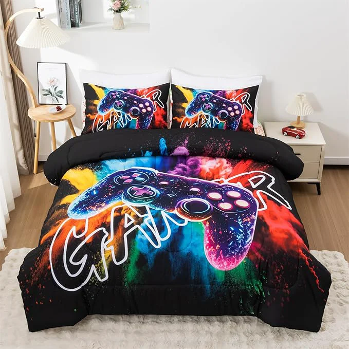 Versatile Aimuan Gamer Gaming Bedding Sets 3D Gamepad Comforter Sets for Boys Games Console Action Buttons Novelty Colorful Game Controller Modern Room Decor Home Quilt Set Black-Purple Twin High-End