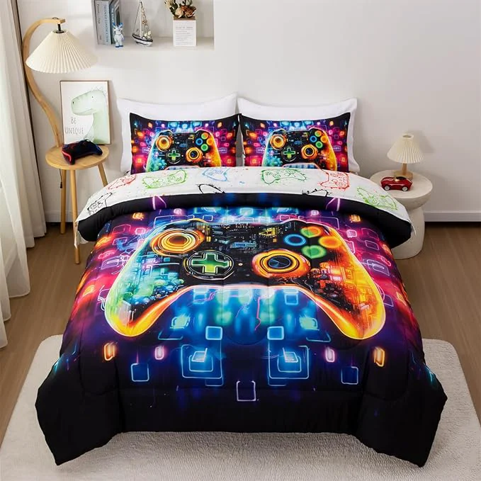 Eco-Friendly Aimuan Gamer Gaming Bedding Sets 3D Gamepad Comforter Sets for Boys Games Console Action Buttons Novelty Colorful Game Controller Modern Room Decor Home Quilt Set Black-Blue Twin High-Performance
