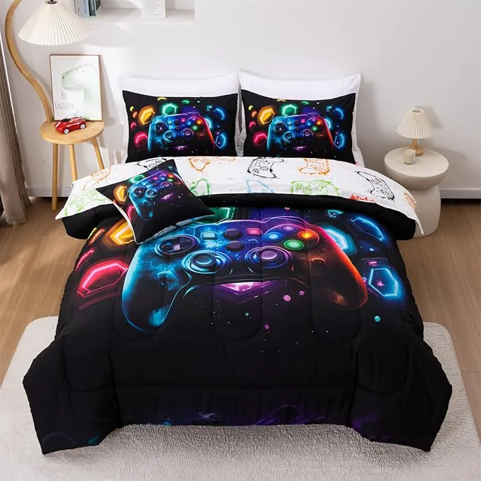 Exceptional Aimuan Game Console Comforter Set for Boys Girls Kids Space Universe Gaming Geometric Lightweight Microfiber Gamer Bedding Sets Black-Multi Queen 6Pcs Relaxed