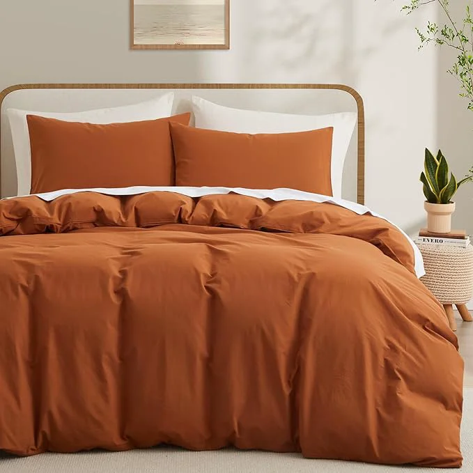Casual LOVQUE Burnt Orange Cotton Duvet Cover Queen Size Linen Like Natural Bedding Set with Zipper Closure No Comforter 90x90 Inches Practical