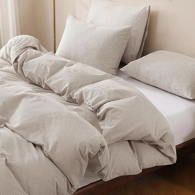 Secure TOCOMOA Mini Gingham Tan Duvet Cover Bedding Set Washed Cotton Like Linen Feel Super Soft Comfy 3 Piece Brown Small Plaid Checkered Comforter Cover Set King 104 quot x90 quot Comforter Not Included Professional