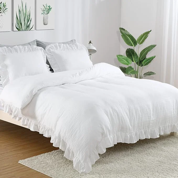High-End CAROMIO White Ruffle Duvet Cover Queen Size 3PCS Soft Washed Microfiber Vintage French Country Duvet Cover Set for Queen Bed White 90x90 in Secure