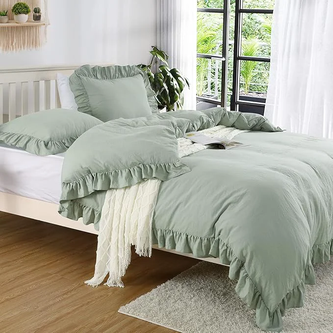 High-Grade Ruffle Duvet Cover King Size 3PCS Soft Washed Microfiber Vintage French Country Duvet Cover Set with Button Closure Sage Green 104x90 in Modern