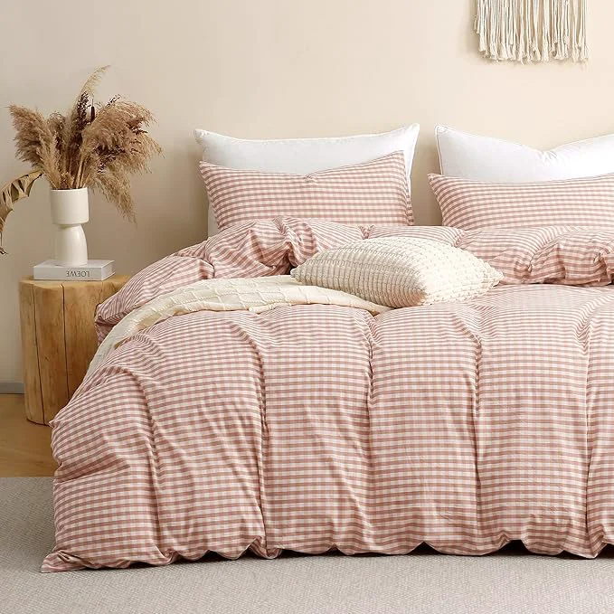 Expertly Made TOCOMOA Pink Tan Gingham Duvet Cover Bedding Set Washed Cotton Like Linen Feel Super Soft Comfy 3 Piece Vintage Plaid Checkered Fall Comforter Cover Set Queen 90 quot x90 quot Comforter Not Included Long-Lasting