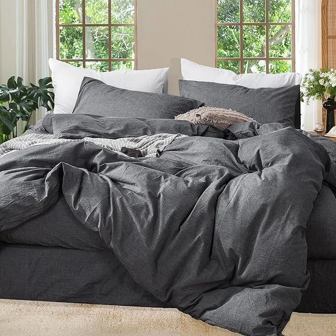 Comfortable MooMee Bedding Duvet Cover Set Washed Cotton Linen Like Textured Breathable Durable Soft Comfy Heathered Dark Grey Super Queen 90 quot x98 quot Traditional