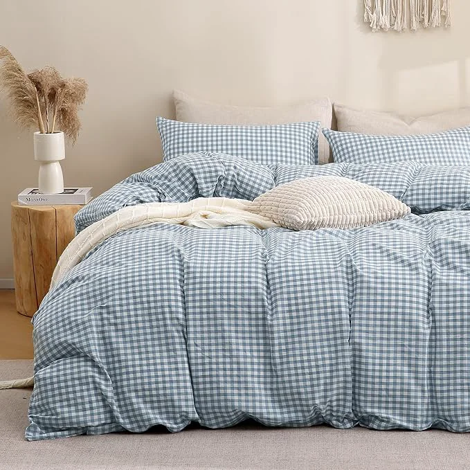 Flexible TOCOMOA Blue Gingham Duvet Cover Bedding Set Washed Cotton Like Linen Feel Super Soft Comfortable 3 Piece Plaid Checkered Comforter Cover Set California King 104 quot x98 quot Comforter Not Included Responsible