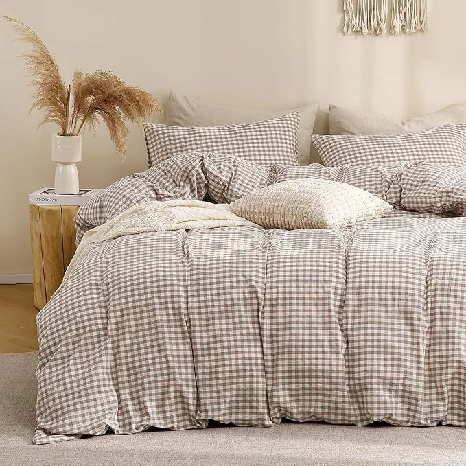 Dependable TOCOMOA Tan Gingham Duvet Cover Bedding Set Washed Cotton Like Linen Feel Super Soft Comfy 3 Piece Brown Plaid Checkered Comforter Cover Set Oversized King 120 quot x98 quot Comforter Not Included Specialty