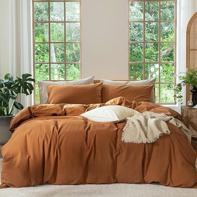 Organic MooMee Bedding Duvet Cover Set Washed Cotton Linen Like Textured Breathable Durable Soft Comfy Solid Dark Orange Super King 108 quot x98 quot