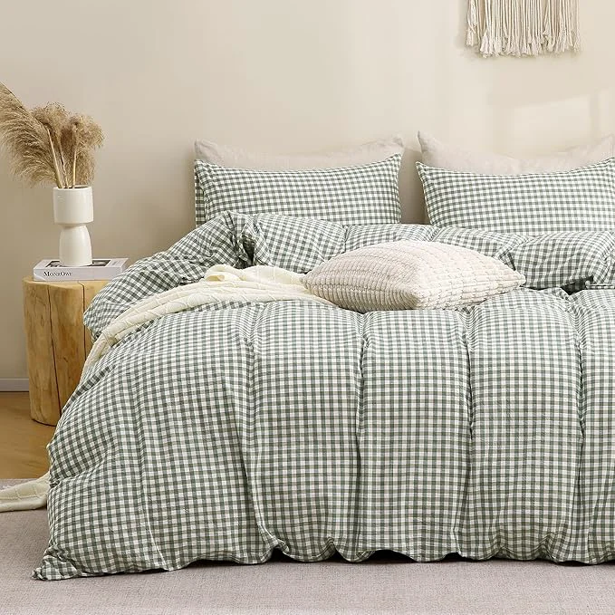 Efficient TOCOMOA Green Gingham Duvet Cover Bedding Set Washed Cotton Like Linen Feel Super Soft Comfy 3 Piece Vintage Plaid Checkered Comforter Cover Set Oversized Queen 98 quot x98 quot Comforter Not Included Effective