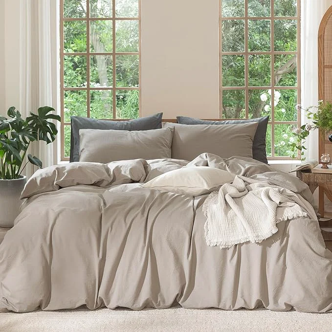 Trendy MooMee Bedding Duvet Cover Set Washed Cotton Linen Like Textured Breathable Durable Soft Comfy Solid Light Tan Oversized Queen 98 quot x98 quot Functional