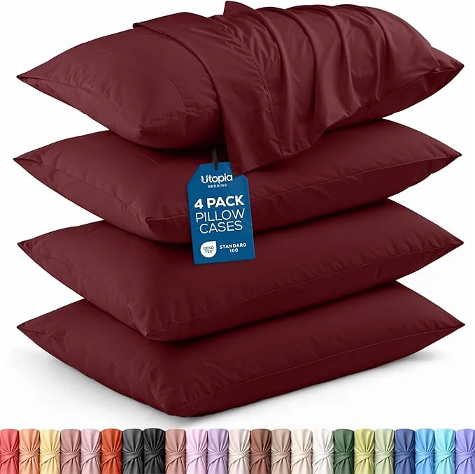 Modern Utopia Bedding Standard Pillow Cases - 4 Pack - Envelope Closure - Soft Brushed Microfiber Fabric - Shrinkage and Fade Resistant Pillow Covers Standard Size 20 X 26 Inches Standard Burgundy Breathable