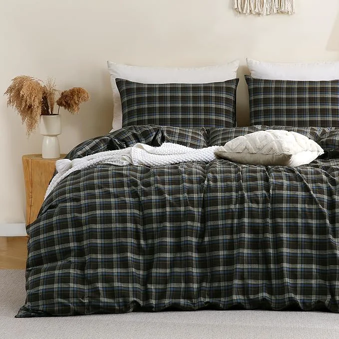 Recyclable TOCOMOA Buffalo Plaid Duvet Cover Set Washed Cotton Like Linen Feel Super Soft Comfy 2 Piece Brown Blue Gingham Checkered Bedding Comforter Cover Set Twin 68 quot x90 quot Comforter Not Included Quality