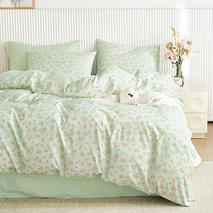 Contemporary Wake In Cloud - Coquette Duvet Cover Set Floral Cottagecore Flower Shabby Chic Cute Aesthetic Soft Lightweight Bedding for Women Teen Girls 3-Piece Green Pink Queen Size Long-Lasting