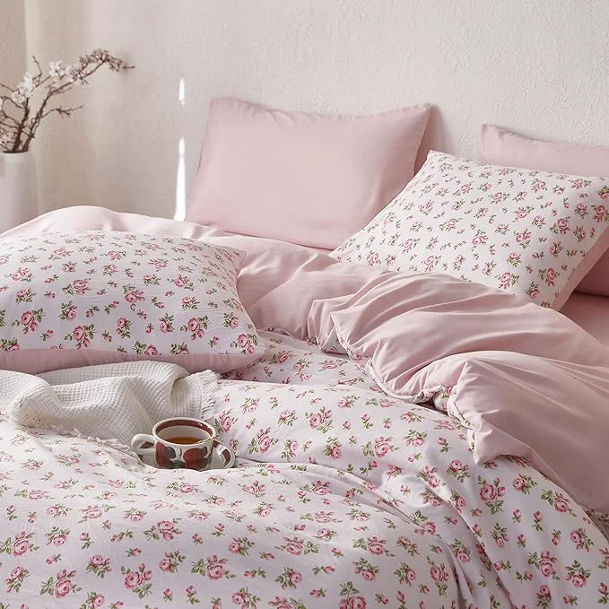 Fashionable Wake In Cloud - Coquette Duvet Cover Set Floral Cottagecore Flower Shabby Chic Cute Aesthetic Soft Lightweight Bedding for Women Teen Girls 3-Piece Pink Full Size Authentic