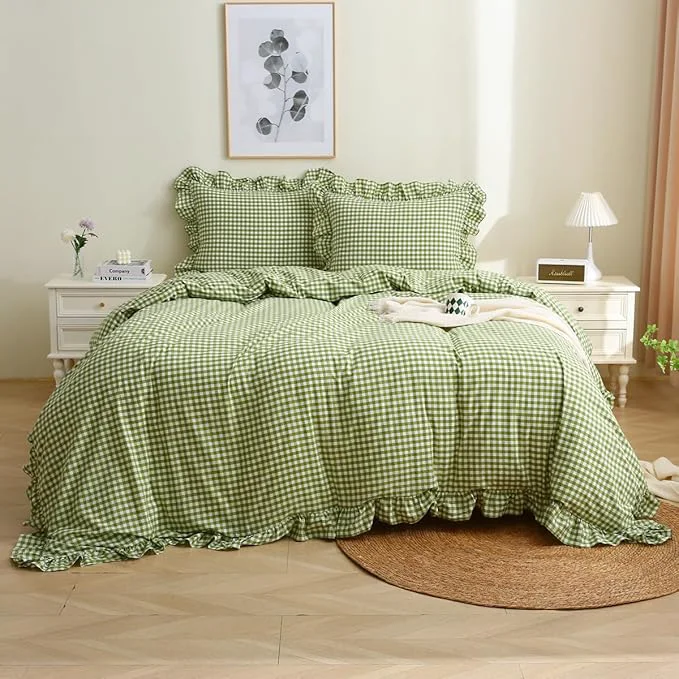 Sustainable Olive Green White Checkered Ruffle 3-Piece Duvet Cover Set Twin Size Washed Cotton Shabby Gingham Plaid Bedding Set Farmhouse Comforter Set Twin Olive Green Genuine