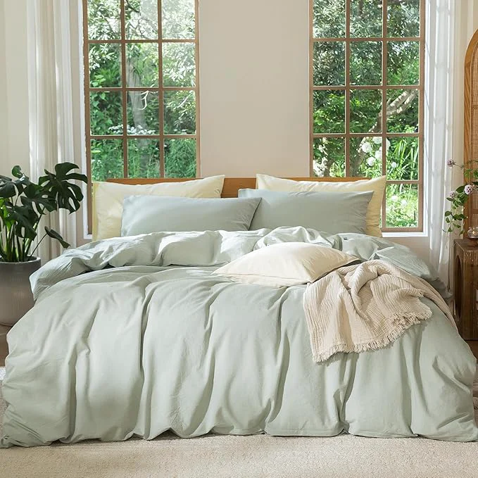 Comfortable MooMee Bedding Duvet Cover Set Washed Cotton Linen Like Textured Breathable Durable Soft Comfy Heathered Sage Green Super Queen 90 quot x98 quot Innovative