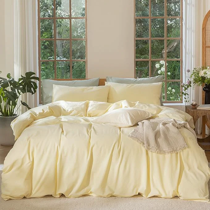 Artisan MooMee Bedding Duvet Cover Set Washed Cotton Linen Like Textured Breathable Durable Soft Comfy Heathered Butter Yellow King 104 quot x90 quot Refined