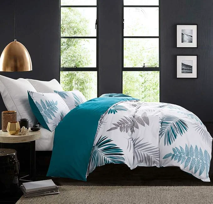 Detailed SLEEPBELLA Duvet Cover Twin 600 Thread Count Cotton Leaf Botanical Pattern Print Reversible Comforter Cover Set Twin Teal Blue-Leaf Authentic