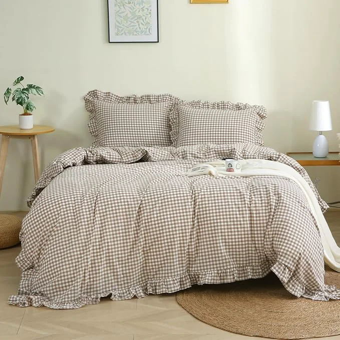 Healthy Taupe White Plaid Ruffle Duvet Cover Twin Size Washed Cotton 3 Pcs Vintage Checkered Chic Gingham Bedding Set Comforter Cover Set Safe