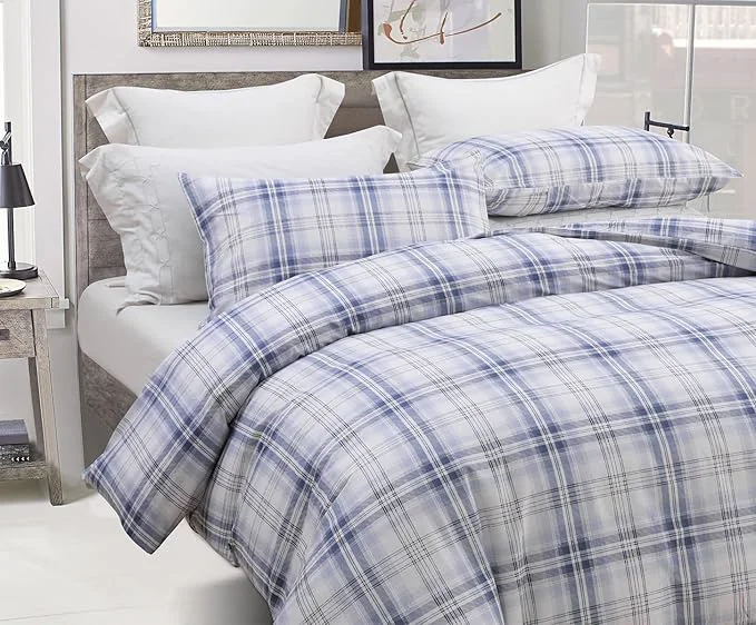 Contemporary SLEEPBELLA Blue White Plaid Duvet Cover Set Cotton Bedding Buffalo Grid Geometric Checker Pattern with Button Closure 3pcs King Size Smooth