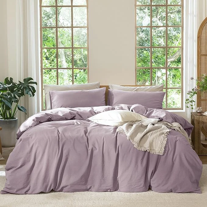 Effective MooMee Bedding Duvet Cover Set Washed Cotton Linen Like Textured Breathable Durable Soft Comfy Solid Taro Purple Super Queen 90 quot x98 quot Elegant