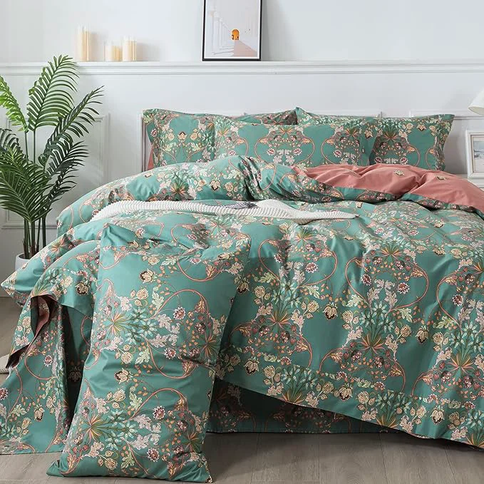 Top-Quality FADFAY Floral Duvet Cover Queen Button Closure Cotton 600 TC Teal Turquoise Blue Luxury Boho Bedding Chic Reversible Orange Comforter Cover Super Soft Shabby Vintage Flower Print 3 Pcs Comfortable