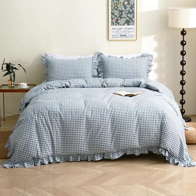Optimized Light Blue White Plaid Ruffle Duvet Cover King Size Washed Cotton 3 Pieces Shabby Checkered Chic Gingham Bedding Set Comforter Cover Set Enhanced