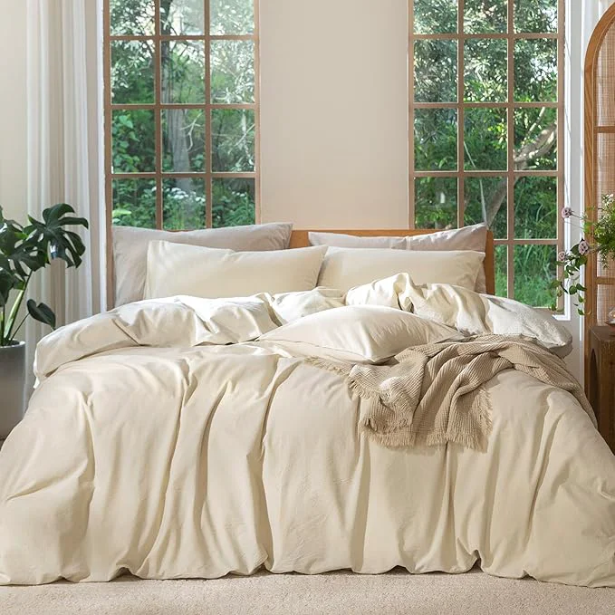 Convenient MooMee Bedding Duvet Cover Set Washed Cotton Linen Like Textured Breathable Durable Soft Comfy Heathered Almond Milk Grey Oversized King Plus 128 quot x120 quot