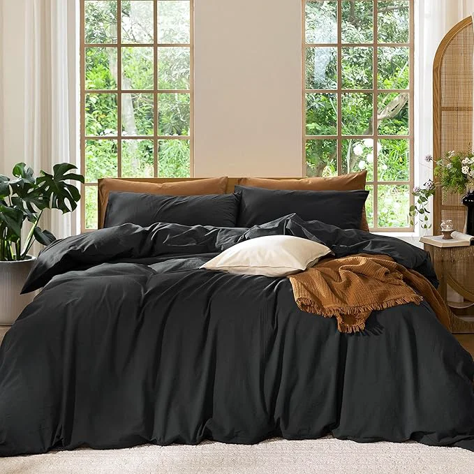 Enhanced MooMee Bedding Duvet Cover Set Washed Cotton Linen Like Textured Breathable Durable Soft Comfy Solid Black King 104 quot x90 quot Superior