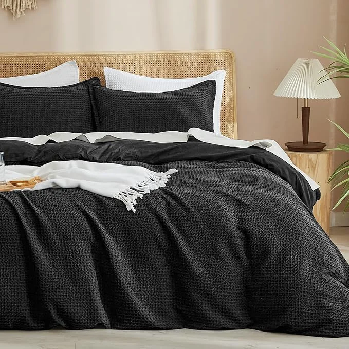 Modern PHF Waffle Weave Duvet Cover Set Queen Size No Snagging Ultra Soft Luxury Textured Breathable Comforter Cover for All Season 3pcs Durable Bedding Duvet Set with 2 Pillow Shams 90 quot x90 quot Black Eco-Friendly