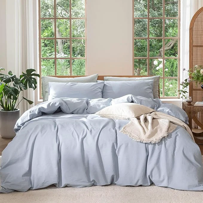 Top-Quality MooMee Bedding Duvet Cover Set Washed Cotton Linen Like Textured Breathable Durable Soft Comfy Heathered Cornflower Blue Palatial King Oversized King 120 quot x98 quot Original Design