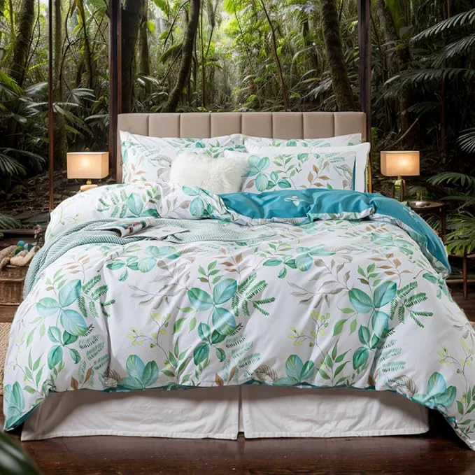 User-Friendly FADFAY Botanical Duvet Cover Sets Full Size Cotton Teal Green Leaves Patterned Comforter Cover Aesthetic Bedding for All Season Soft Crisp Modern Bed Cover with Zipper 3 Pcs Full Smooth