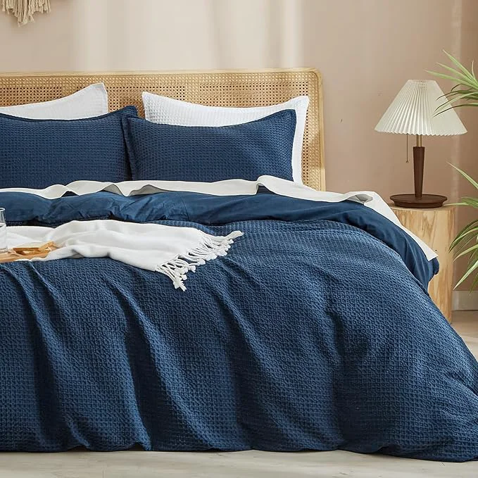 Eco-Friendly PHF Waffle Weave Duvet Cover California King No Snagging Ultra Soft Luxury Textured Breathable Comforter Cover for All Season 3pcs Durable Bedding Duvet Set with 2 Pillow Shams 104 quot x98 quot Navy Blue Effective