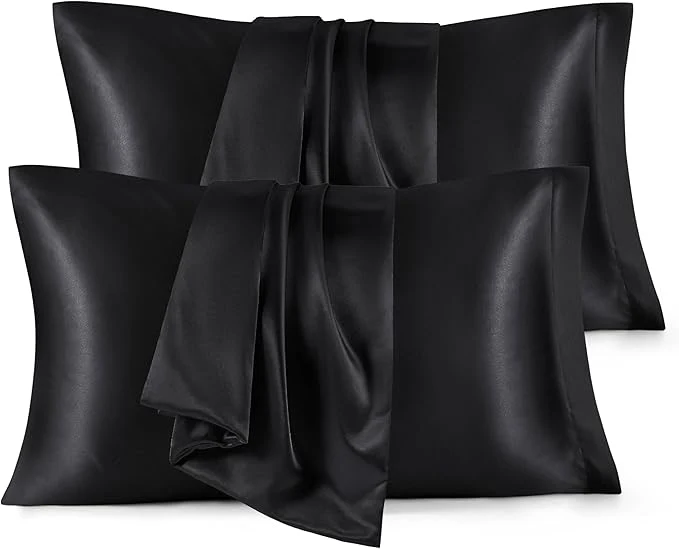 Refined Bedsure Satin Pillowcase for Hair and Skin Queen - Black Silky Pillowcase 4 Pack 20x30 Inches with Envelope Closure Similar to Silk Pillow Cases Gifts for Women Men User-Friendly