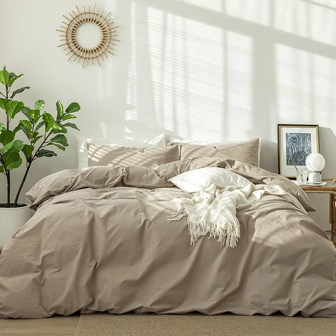 Safe MooMee Bedding Duvet Cover Set Washed Cotton Linen Like Textured Breathable Durable Soft Comfy Solid Light Camel Cal King 104 quot x98 quot Stylish