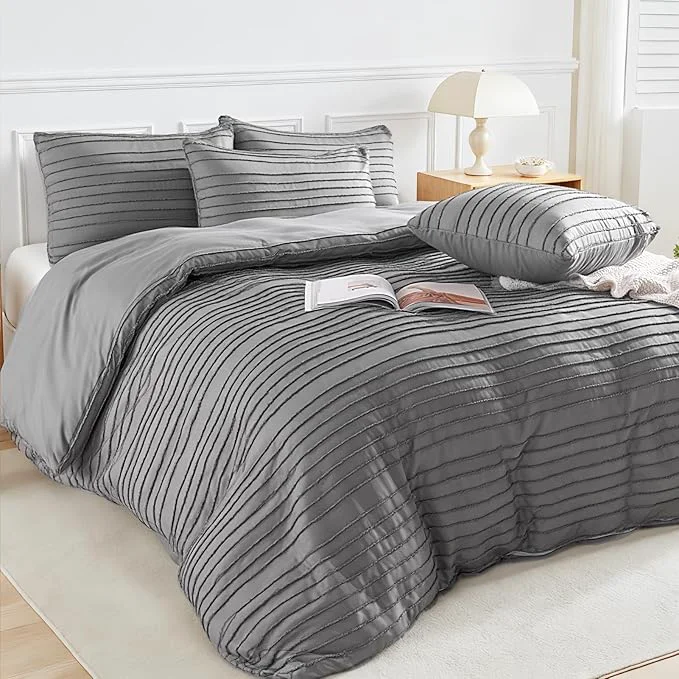 Detailed NEXHOME PRO Duvet Cover King Size Grey 3 Pieces Boho Tufted Duvet Cover Set Soft and Lightweight Microfiber Comforter Cover Set for All Season Grey King 104 x 90 -No Comforter Practical