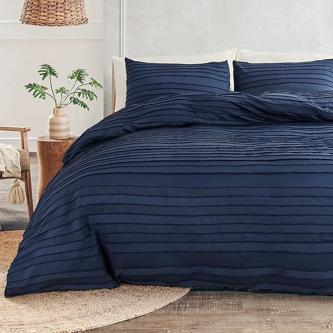 Sophisticated NEXHOME PRO Duvet Cover Full Navy 3 Pieces Boho Tufted Duvet Cover Set Soft and Lightweight Washed Microfiber Comforter Cover Set for All Season Navy Full 80 x 90 -No Comforter Trendy