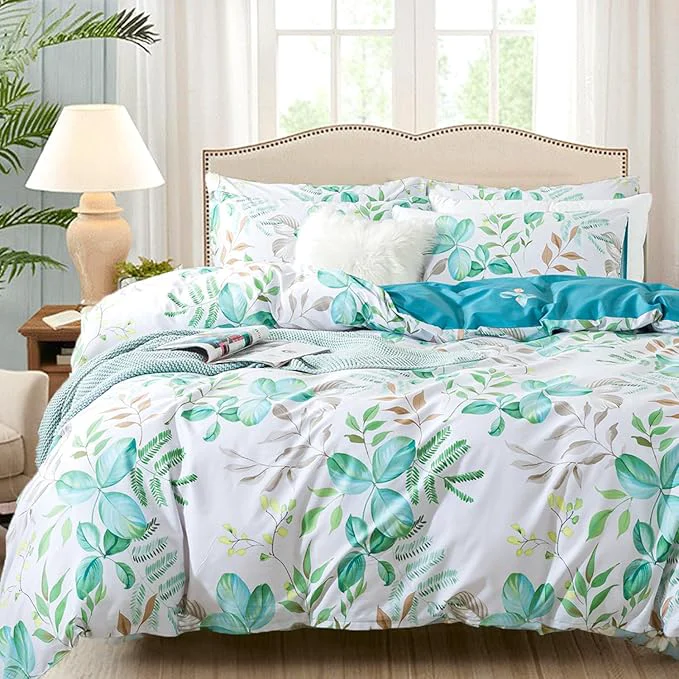 Secure FADFAY Botanical Duvet Cover Sets Twin Size Cotton Teal Green Leaves Patterned Comforter Cover Aesthetic Bedding for All Season Soft Crisp Modern Bed Cover with Zipper 3 Pcs Certified