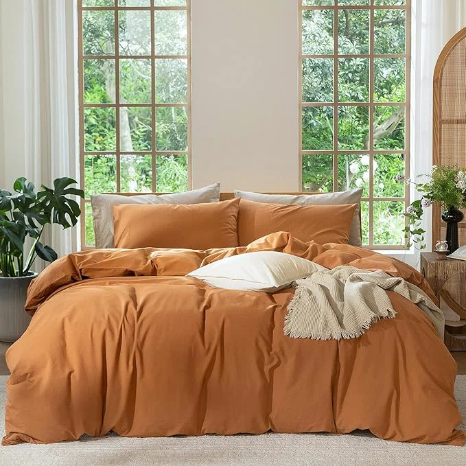Crafted MooMee Bedding Duvet Cover Set Washed Cotton Linen Like Textured Breathable Durable Soft Comfy Solid Burnt Orange Palatial King Oversized King 120 quot x98 quot Reusable