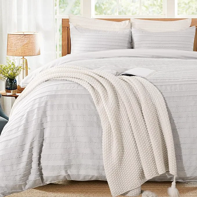 Clean NEXHOME PRO Duvet Cover Queen Light Grey 3 Pieces Boho Tufted Duvet Cover Set Soft and Lightweight Washed Microfiber Comforter Cover Set for All Season Light Grey Queen 90 x 90 -No Comforter Classic
