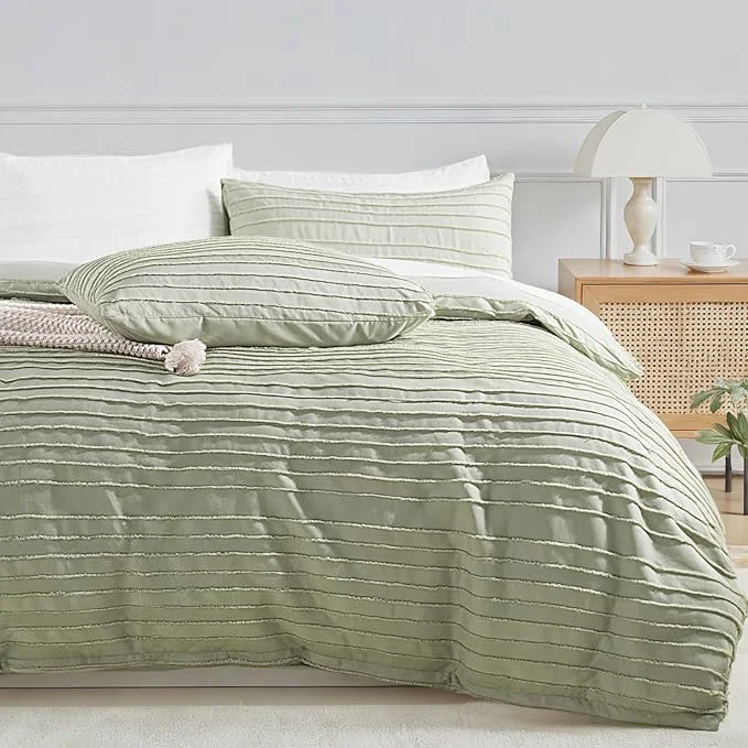 Reusable NEXHOME PRO Duvet Cover Queen 3 Pieces Boho Tufted Duvet Cover Set Soft and Lightweight Washed Microfiber Comforter Cover Set for All Season Sage Green 90 x 90 -No Comforter Official