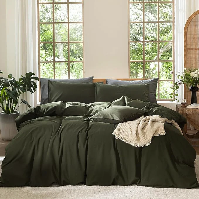 Casual MooMee Bedding Duvet Cover Set Washed Cotton Linen Like Textured Breathable Durable Soft Comfy Solid Olive Green Super King Plus 120 quot x120 quot High-Performance