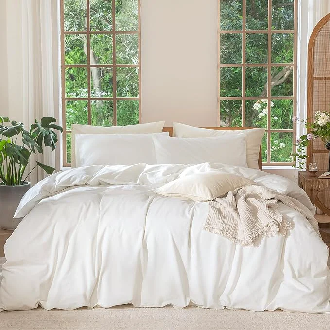 Crafted MooMee Bedding Duvet Cover Set Washed Cotton Linen Like Textured Breathable Durable Soft Comfy Solid Off White Oversized King Plus 128 quot x120 quot Traditional