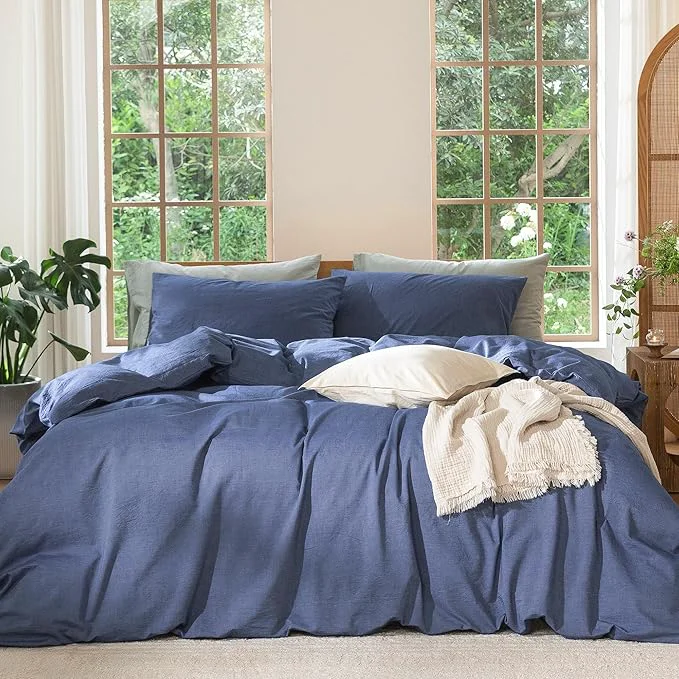 Trusted MooMee Bedding Duvet Cover Set Washed Cotton Linen Like Textured Breathable Durable Soft Comfy Heathered Blue King 104 quot x90 quot Outstanding